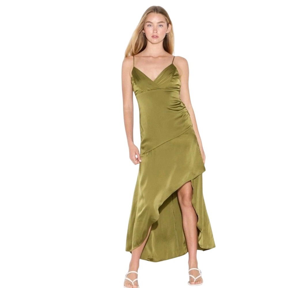 Wild Fable Women's Olive Green Satin Ruffle Asymmetric Maxi Dress Size XXS‎